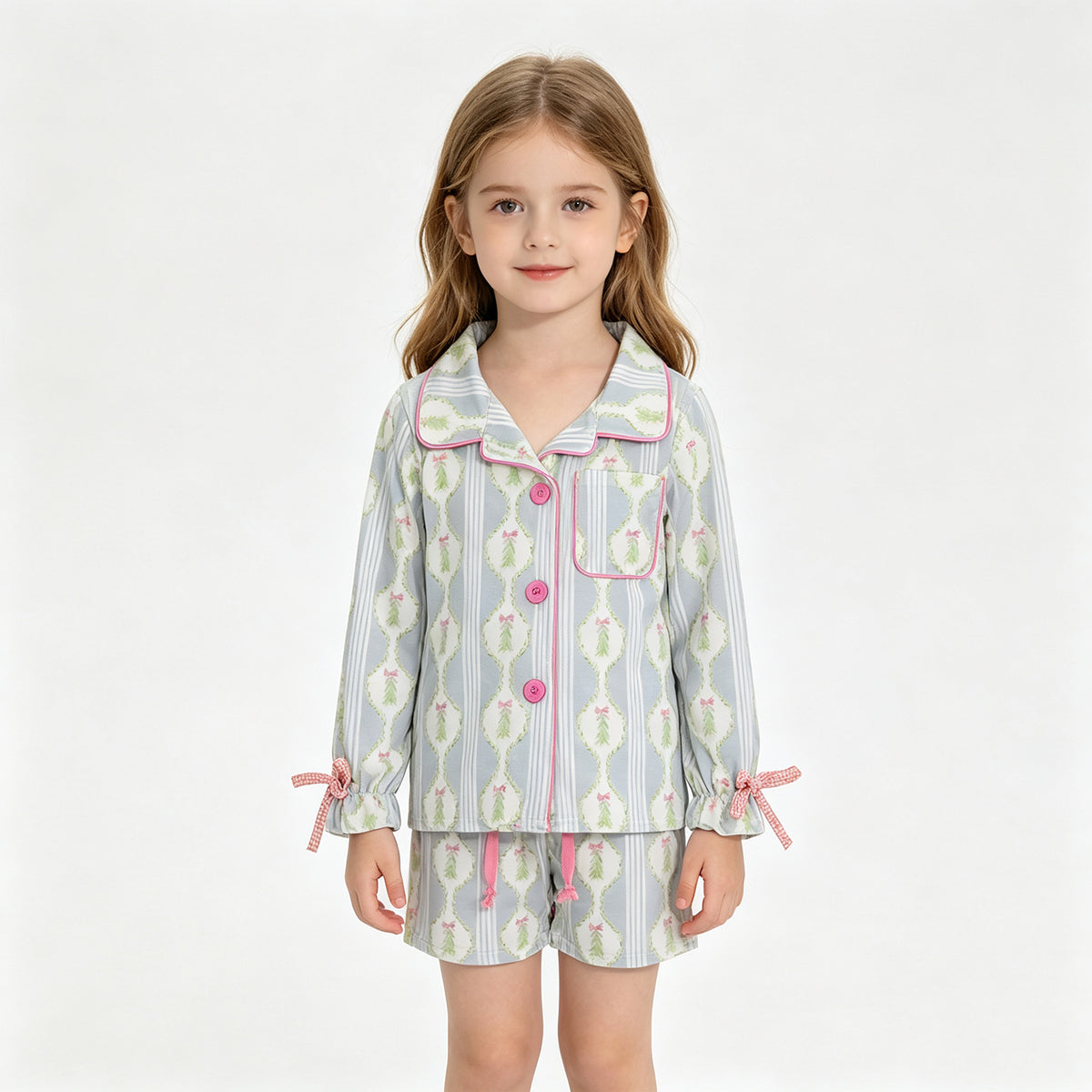 (Sample) No moq milk silk GLS0170 Baby Girls Christmas Blue Tree Print Bow Button Front Pocket Top Elastic Waist Short Pajama Set