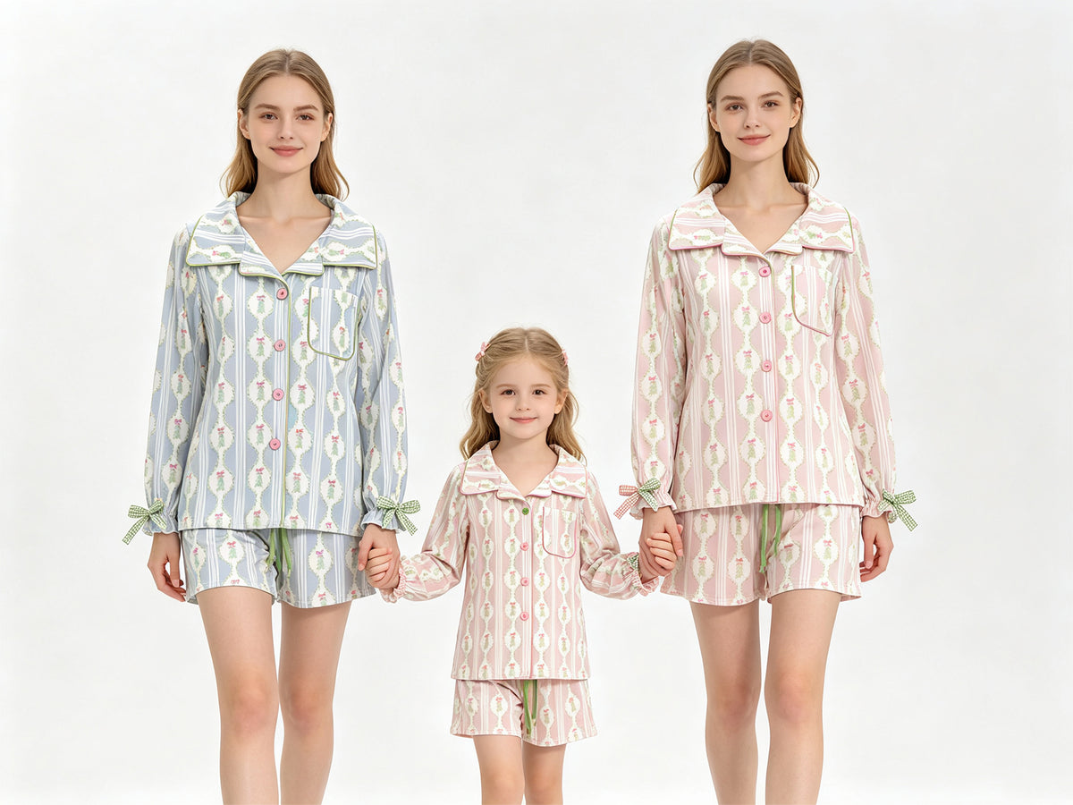 (Sample) No moq milk silk GLS0171 Baby Girls Christmas Pink Tree Print Bow Button Front Pocket Top Elastic Waist Short Pajama Set