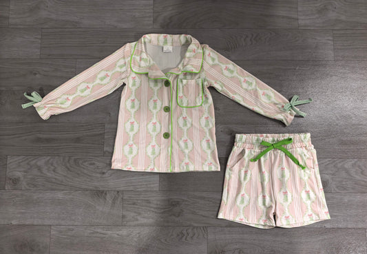 (Sample) No moq milk silk GLS0171 Baby Girls Christmas Pink Tree Print Bow Button Front Pocket Top Elastic Waist Short Pajama Set
