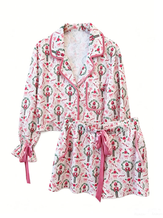 (Preorder new) No moq GLS0173 Baby Girls Christmas Pink Bow Button Front Pocket Top Elastic Waist Short Pajama Set