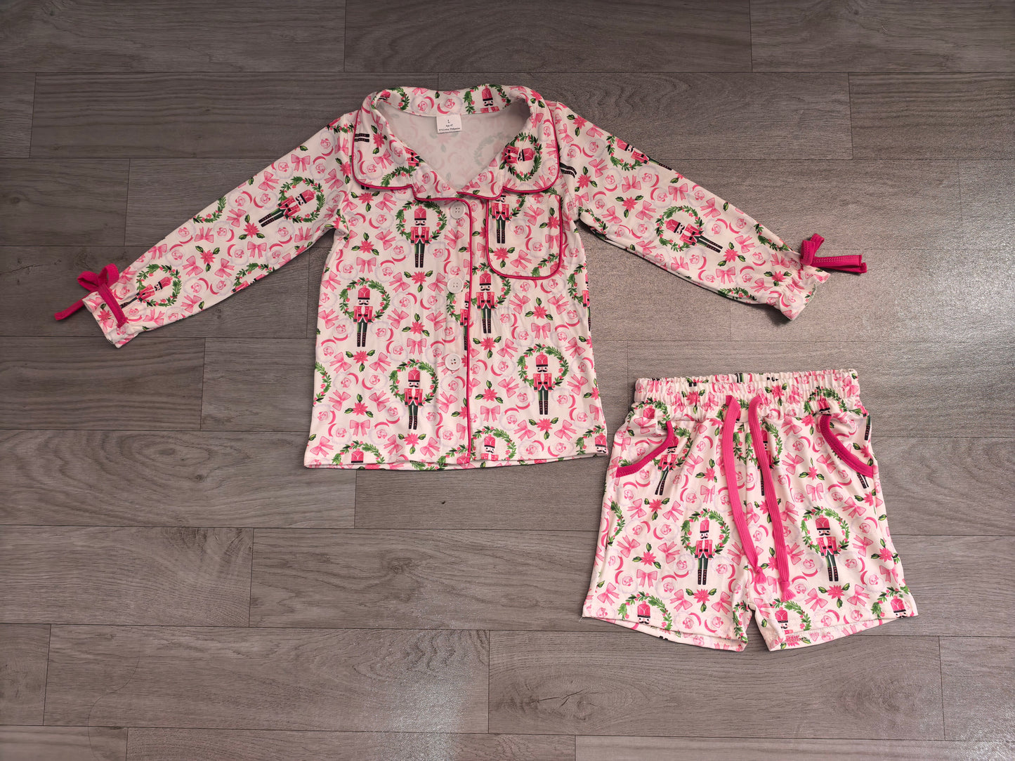 (Sample) No moq milk silk GLS0173 Baby Girls Christmas Pink Bow Button Front Pocket Top Elastic Waist Short Pajama Set