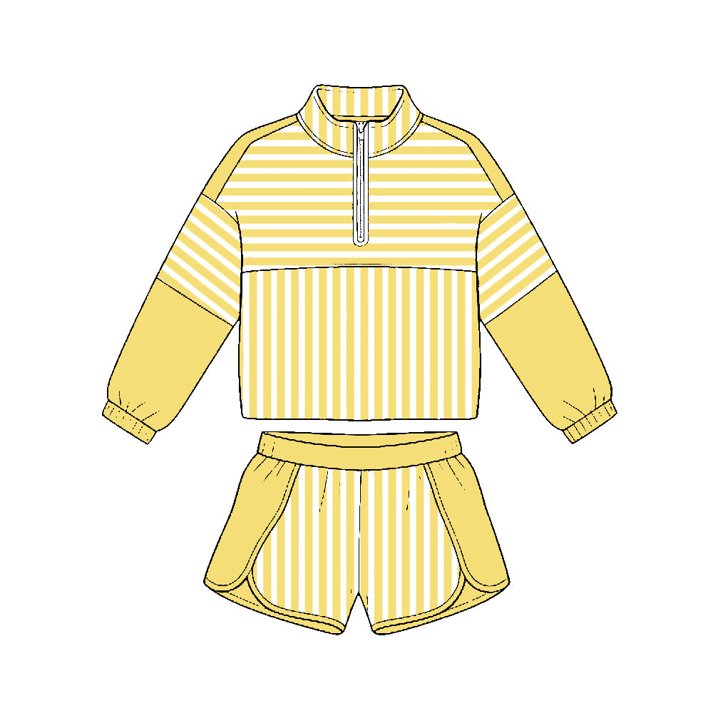(Preorder new) No moq Yoga Toddler Girls Yellow Stripe Zip  Long Sleeve Pullover Top Shorts Yoga Clothes Set
