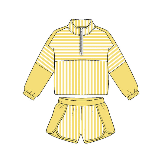 (Preorder new) No moq Yoga Toddler Girls Yellow Stripe Zip  Long Sleeve Pullover Top Shorts Yoga Clothes Set
