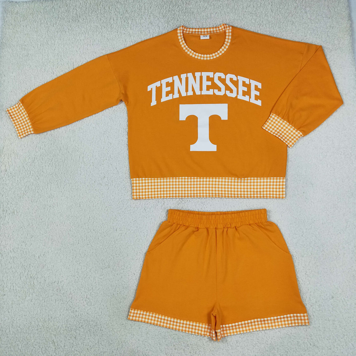 NEW RTS NO MOQ Vinyl GLS0176 Adult Women Orange Long Sleeve Top Short Team Set