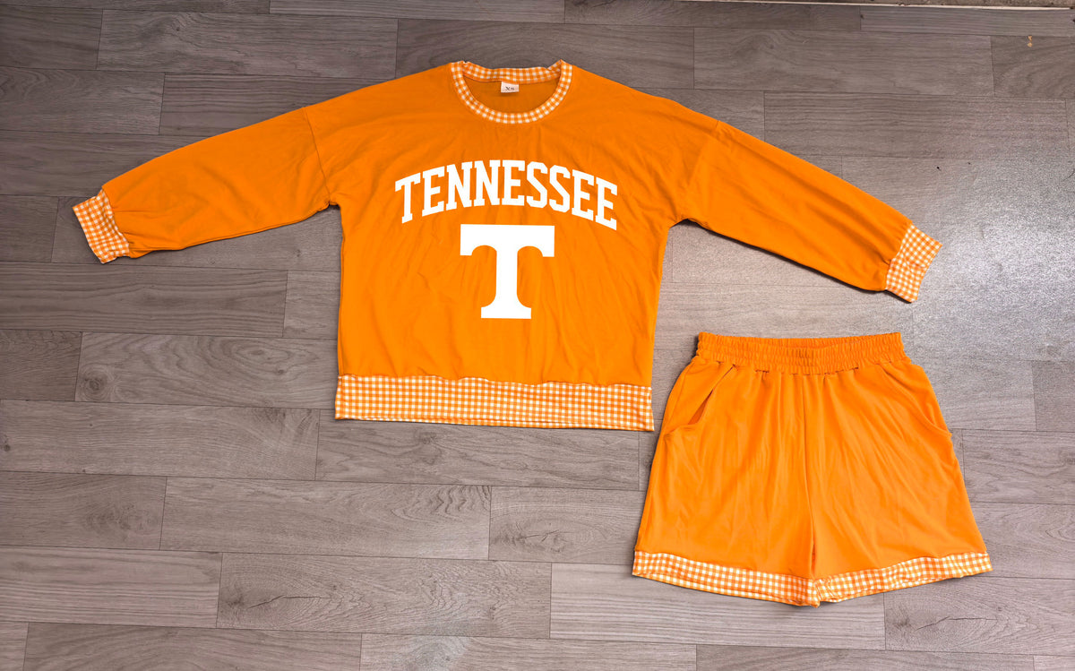 (Sample) No moq Vinyl GLS0176 Adult Women Orange Long Sleeve Top Short Team Clothes Set