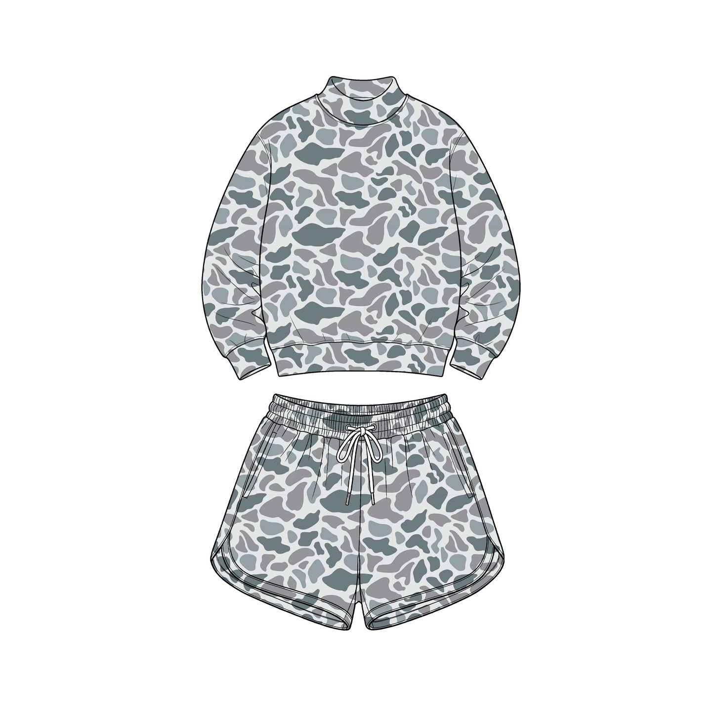 (Preorder new) No moq Baby Girls Wood Camo Long Sleeve Top Pockets Shorts Yoga Active Clothes Set