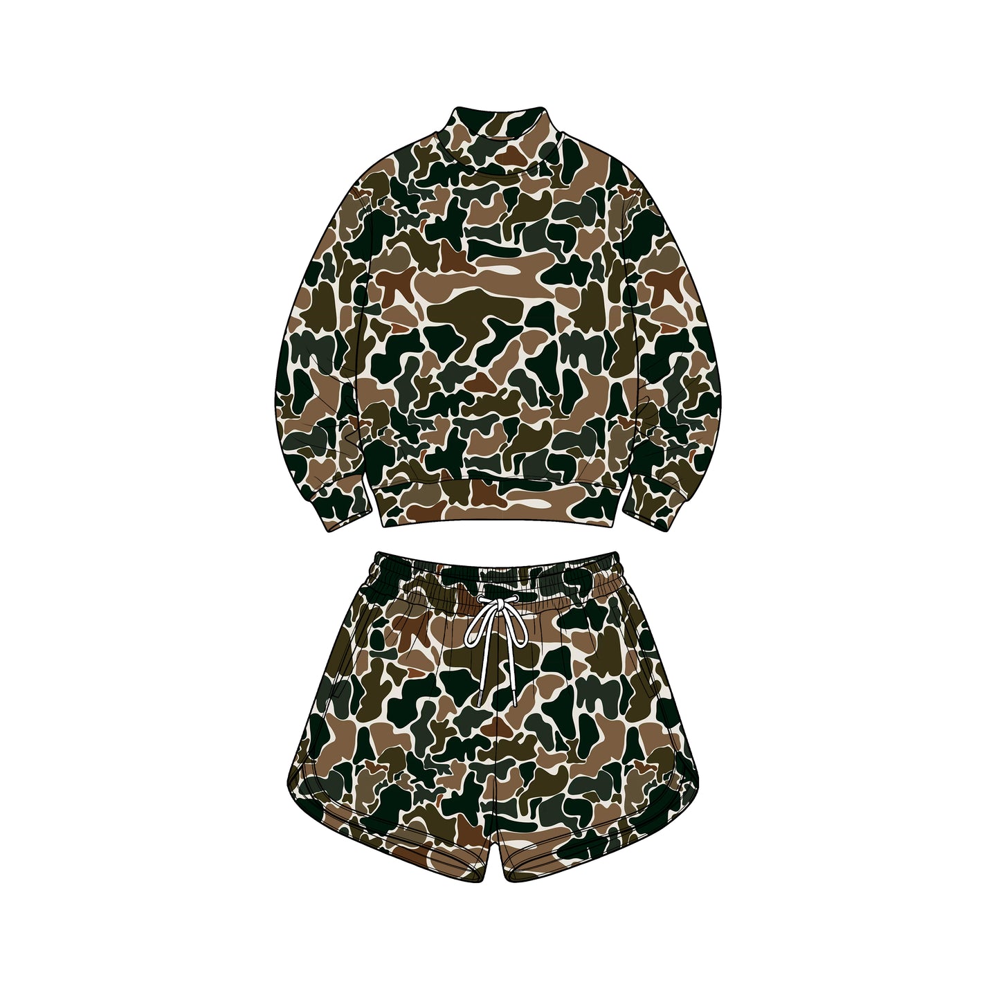 (Preorder new) No moq Baby Girls Wood Camo Long Sleeve Top Pockets Shorts Yoga Active Clothes Set