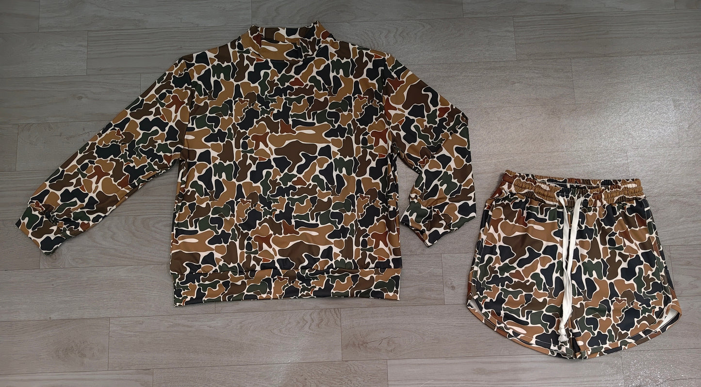(Sample) No moq yoga fabric GLS0185（GT1817+SS0988）Yoga Adult Women High Neck Dark Brown Camo Long Sleeve Top Pockets Shorts Yoga Active Clothes Set