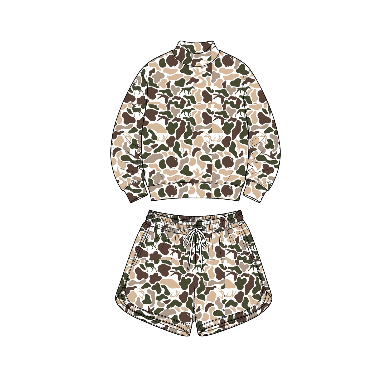 (Preorder new) No moq Baby Girls Wood Camo Long Sleeve Top Pockets Shorts Yoga Active Clothes Set