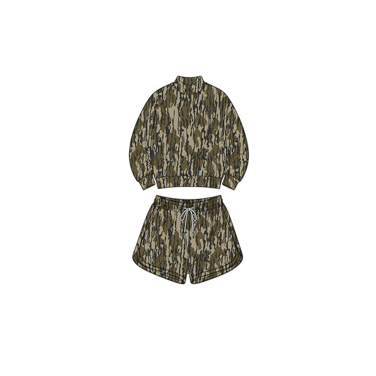 (Preorder new) No moq Yoga  Baby Girls Wood Camo Long Sleeve Top Pockets Shorts Yoga Active Clothes Set