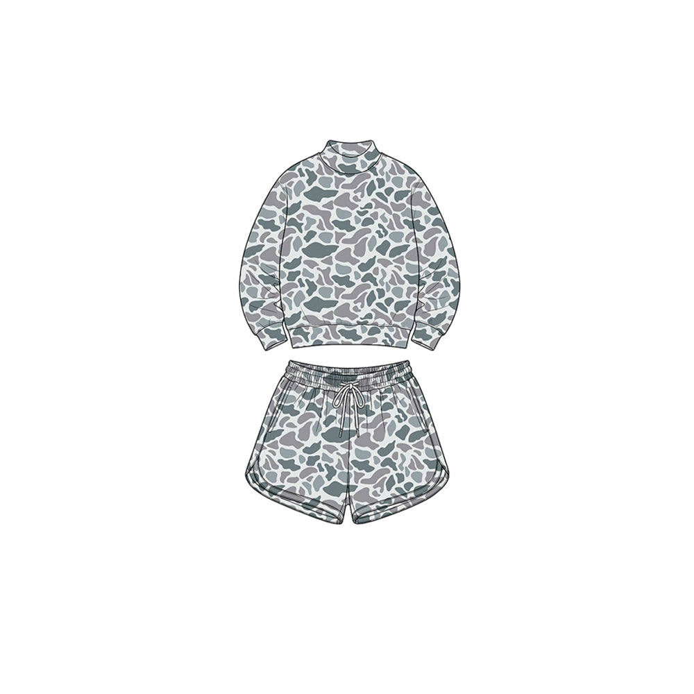 (Preorder new) No moq Yoga  Baby Girls Wood Camo Long Sleeve Top Pockets Shorts Yoga Active Clothes Set