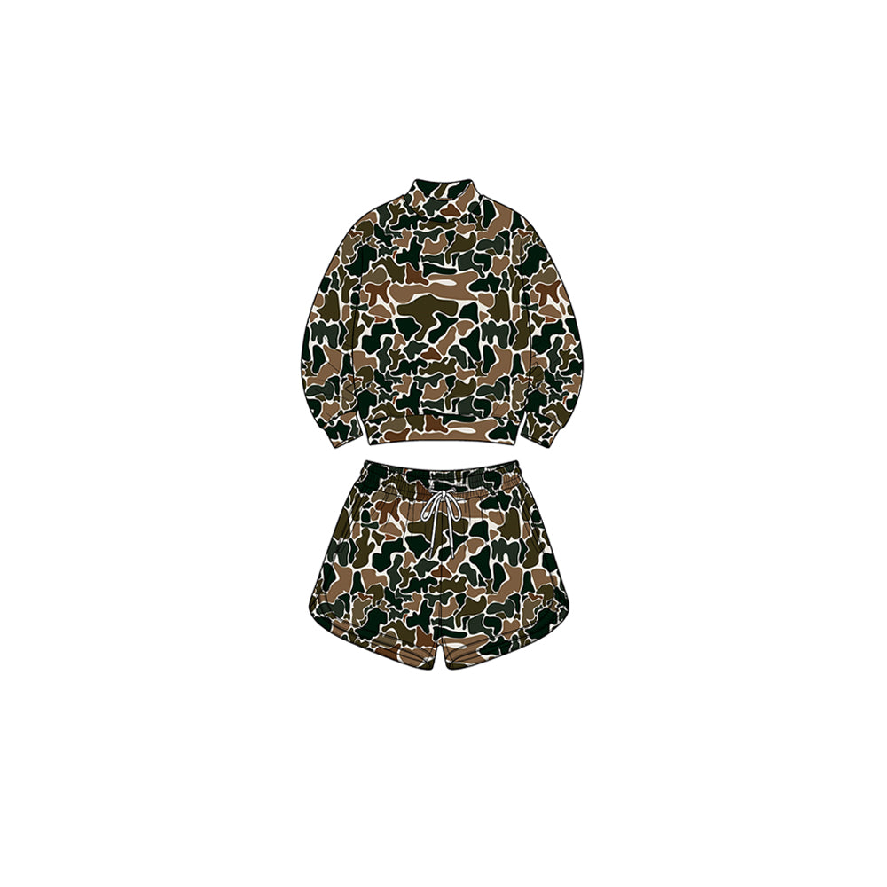 (Preorder new) No moq Yoga  Baby Girls Wood Camo Long Sleeve Top Pockets Shorts Yoga Active Clothes Set