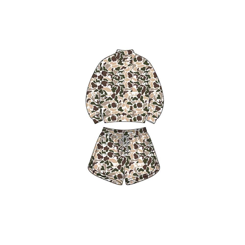 (Preorder new) No moq Yoga  Baby Girls Wood Camo Long Sleeve Top Pockets Shorts Yoga Active Clothes Set