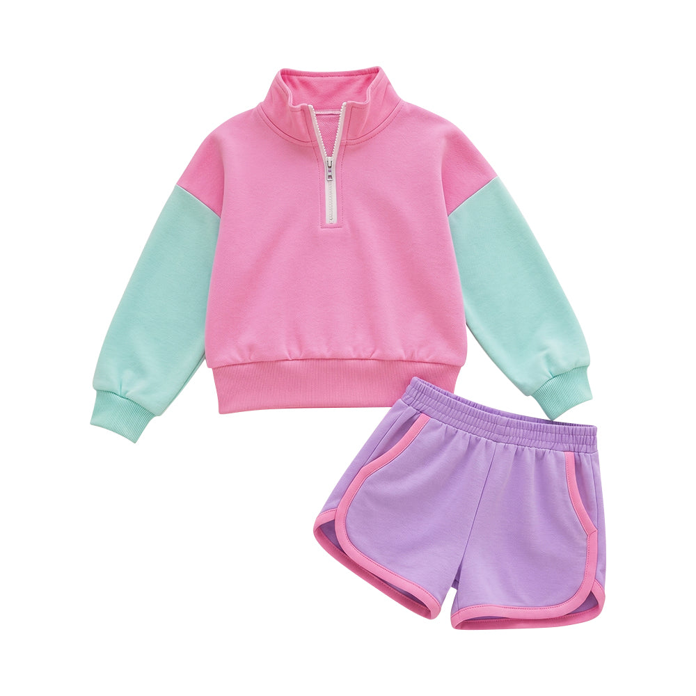 (Preorder new) no moq GLS0193 Baby Girls Patchwork Zip Pullovers Pockets Short Clothes Sets
