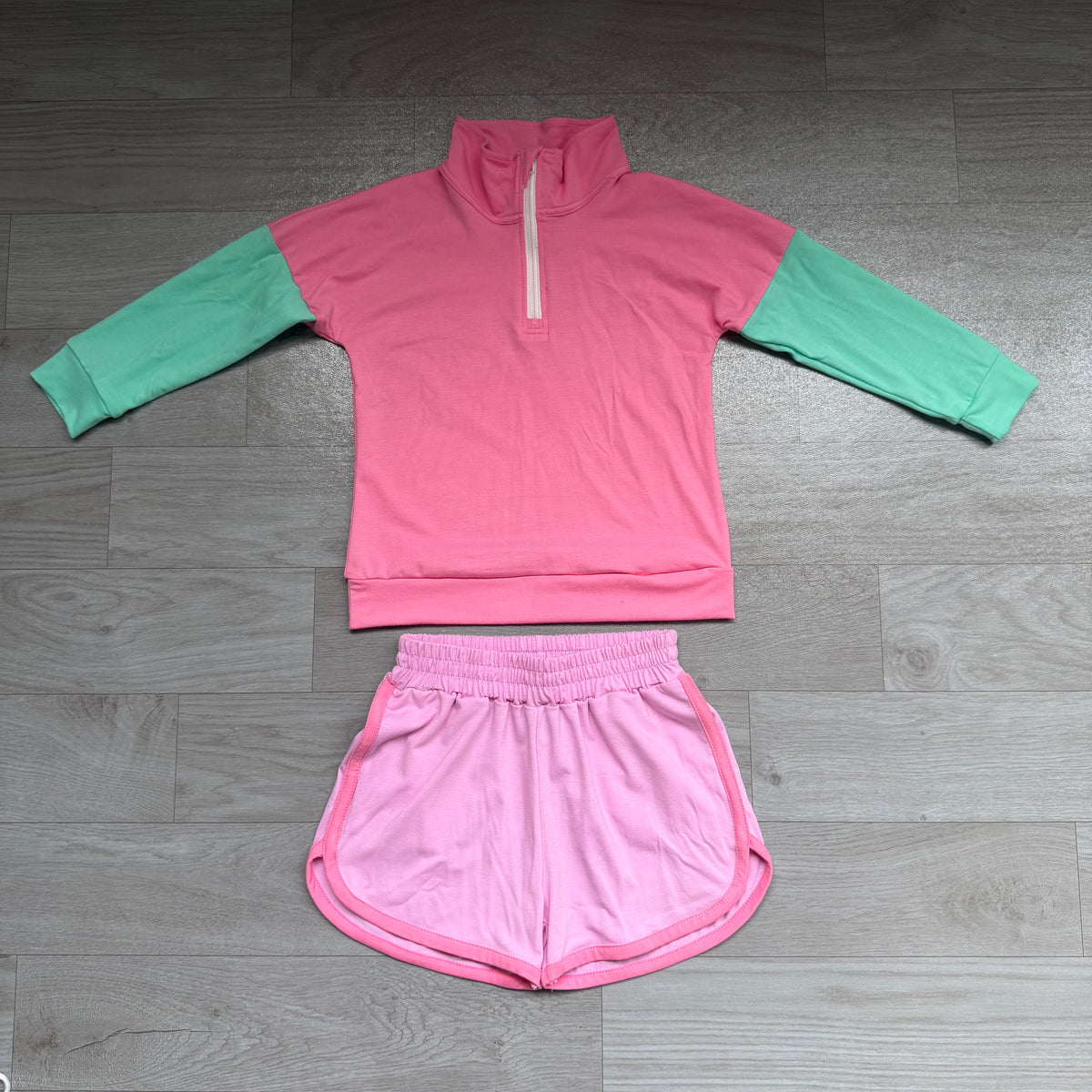 (Sample) No moq cotton GLS0193（GT1820+SS0991）Baby Girls Patchwork Zip Pullovers Pockets Short Casual Sets