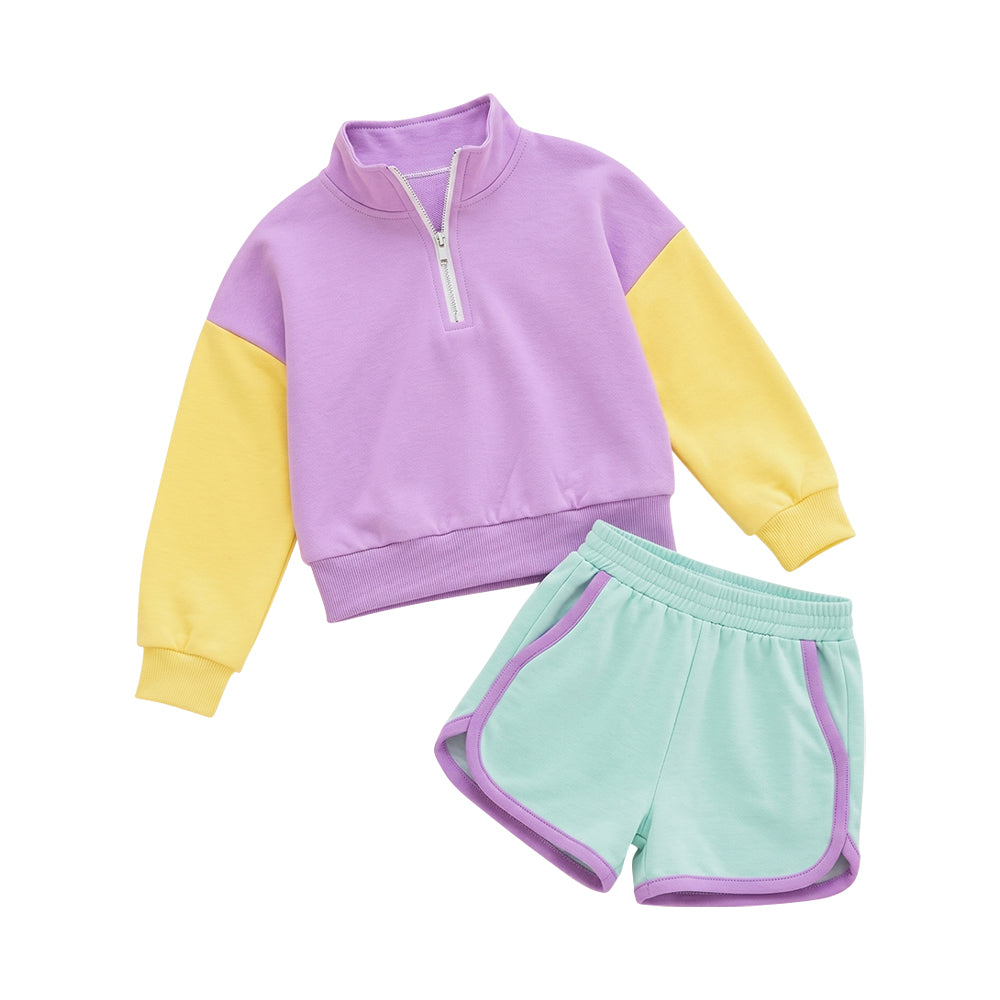 (Preorder new) no moq GLS0194 Baby Girls Patchwork Zip Pullovers Pockets Short Clothes Sets
