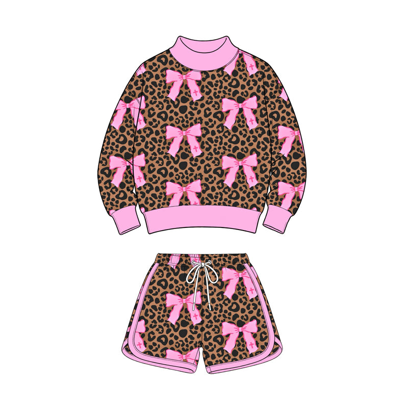(Preorder new) No moq Adult And Kids Leopard Pink Bow Matching Outfit Set Pants