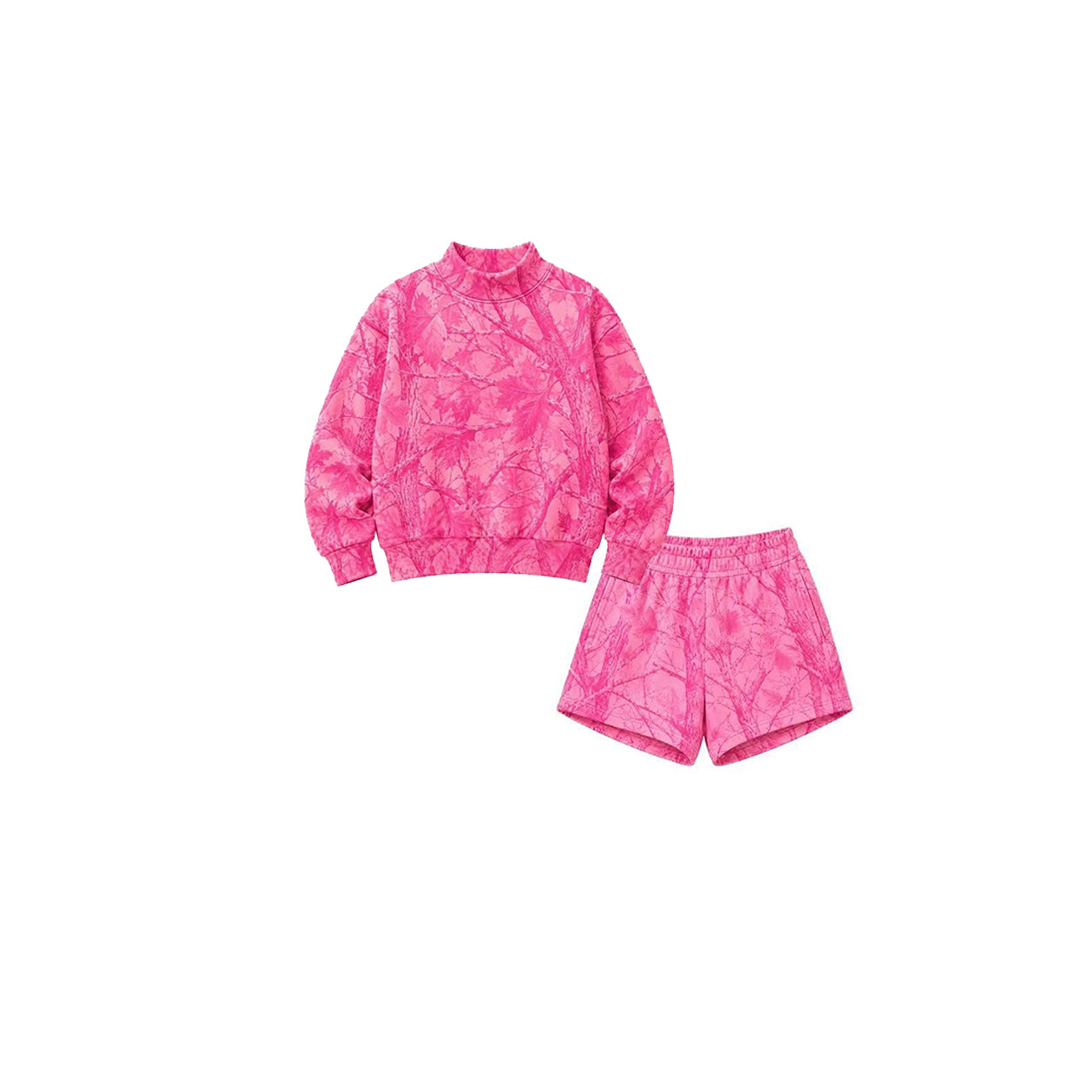 (Preorder new) No moq GLS0196 （GT1823+SS0993）Baby Girls Pink Leaf Camo Print Crew Neck Long Sleeve Top With Pockets Casual Shorts Summer Daily Clothes Set