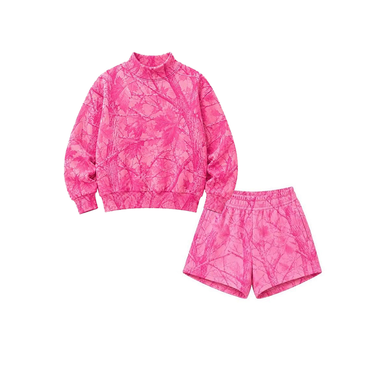 (Preorder new) No moq GLS0197（GT1824+SS0994）Adult Women Pink Tree Camo Print Mock Neck Long Sleeve Sweatshirt Shorts Outfit Set