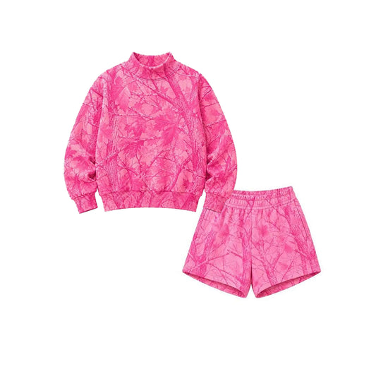 (Preorder new) No moq GLS0197（GT1824+SS0994）Adult Women Pink Tree Camo Print Mock Neck Long Sleeve Sweatshirt Shorts Outfit Set