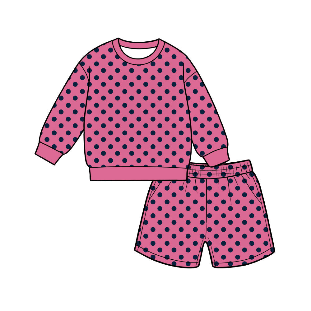 (Preorder new) No moq Kids And Adult Polka Dot Print Long Sleeve Crewneck Sweatshirt Pocket Shorts Outfit Set