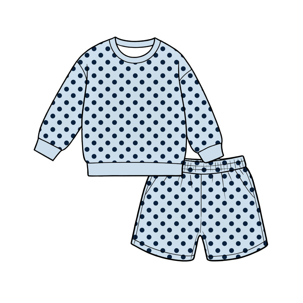 (Preorder new) No moq Kids And Adult Polka Dot Print Long Sleeve Crewneck Sweatshirt Pocket Shorts Outfit Set
