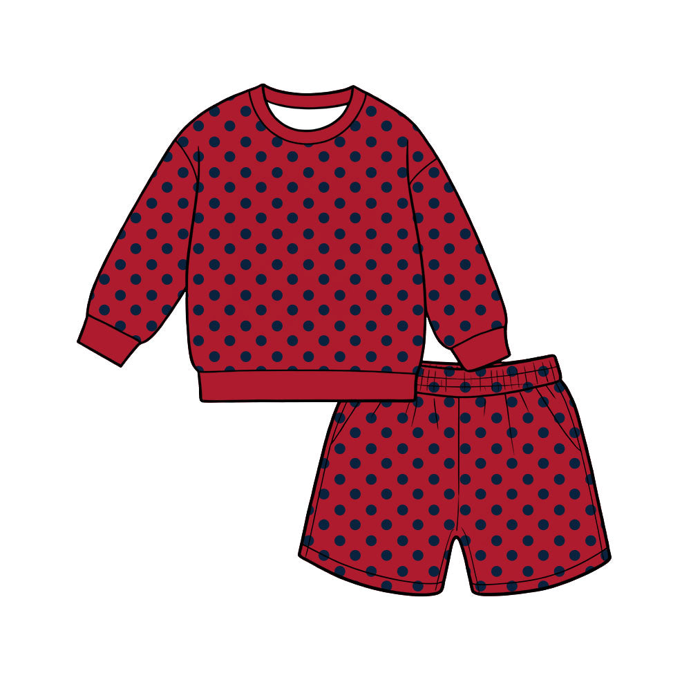 (Preorder new) No moq Kids And Adult Polka Dot Print Long Sleeve Crewneck Sweatshirt Pocket Shorts Outfit Set