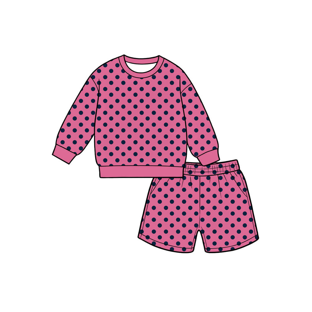 (Preorder new) No moq Kids And Adult Polka Dot Print Long Sleeve Crewneck Sweatshirt Pocket Shorts Outfit Set