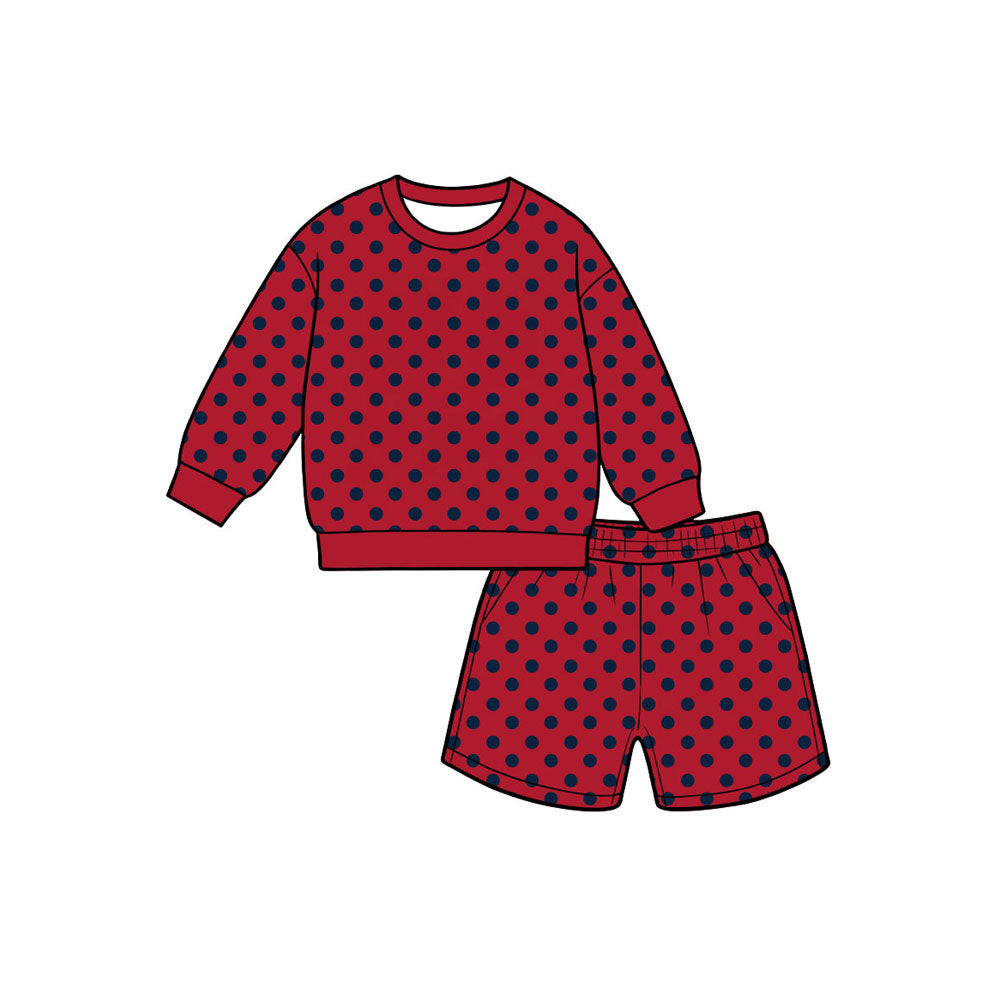 (Preorder new) No moq Kids And Adult Polka Dot Print Long Sleeve Crewneck Sweatshirt Pocket Shorts Outfit Set