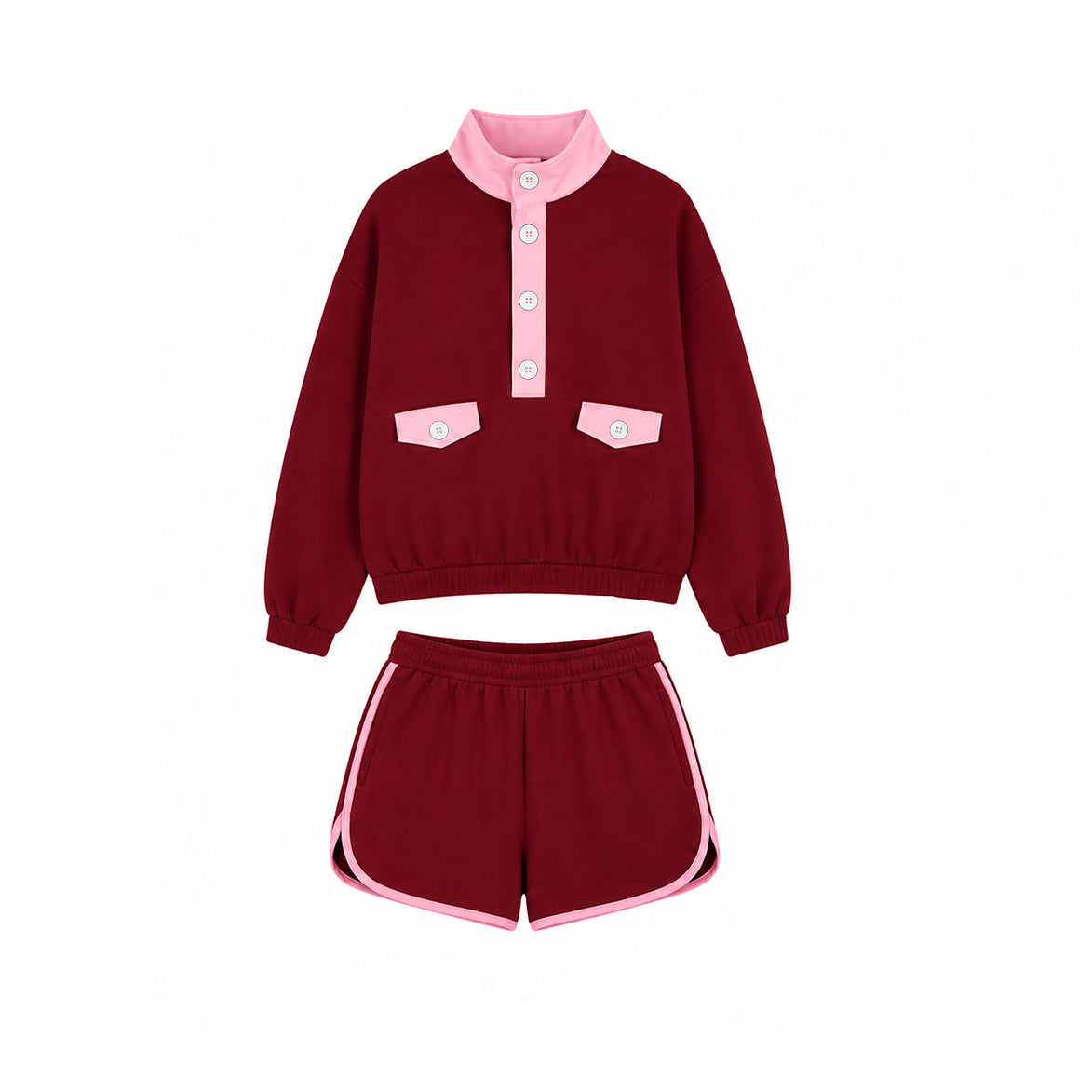(Preorder new) No moq Adult Women Block Half Button Stand Collar Sweatshirt Stripe Shorts Casual Outfit
