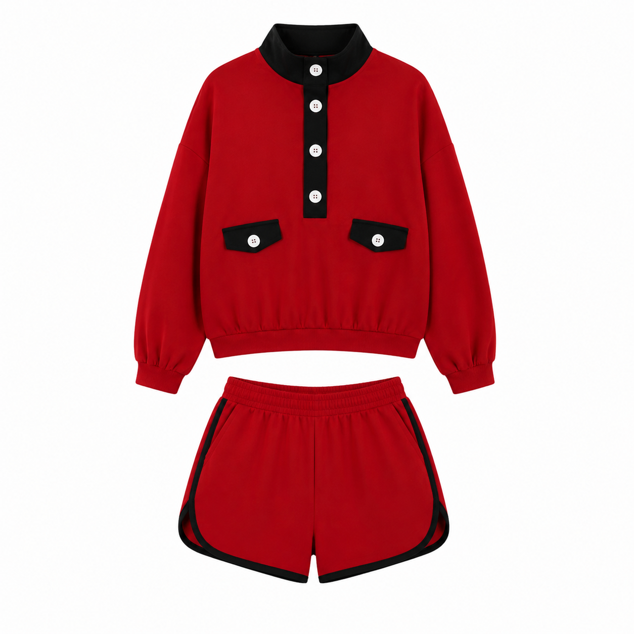 (Preorder new) No moq Adult Women Block Half Button Stand Collar Sweatshirt Stripe Shorts Casual Outfit