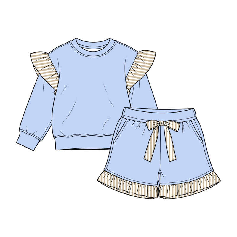 (Preorder new) No moq cotton fabric solid color Baby Girls stripe sweater Flutter sleeves shorts sleeve shorts set