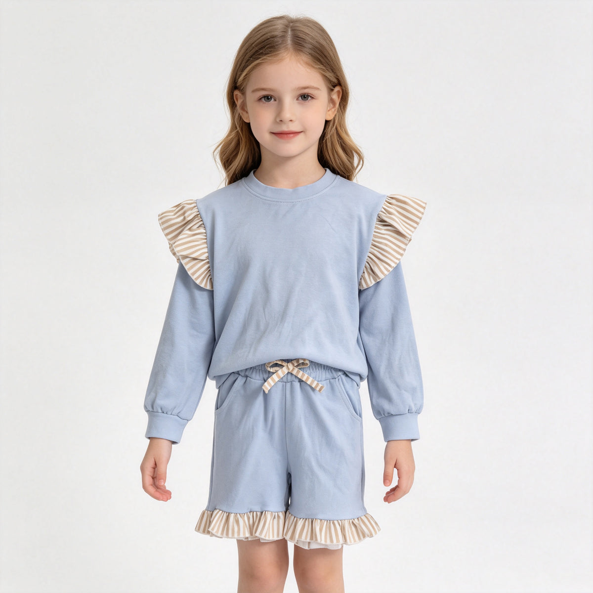 (Sample) No moq milk silk GLS0216（GT1843+SS0995）Baby Girls Blue Stripe Flutter Sleeve Top Pockets Ruffle Short Clothes Set