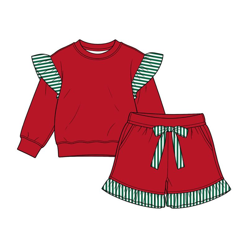 (Preorder new) No moq cotton fabric solid color Baby Girls stripe sweater Flutter sleeves shorts sleeve shorts set