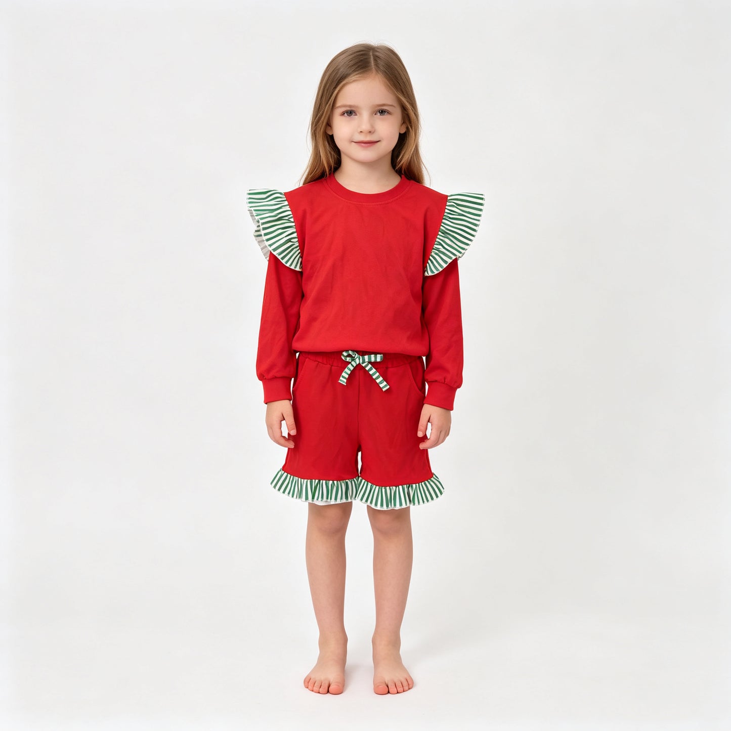 (Sample) No moq milk silk GLS0217（GT1844+SS0997）Baby Girls Stripe Flutter Sleeve Red Top Pockets Ruffle Short Clothes Set