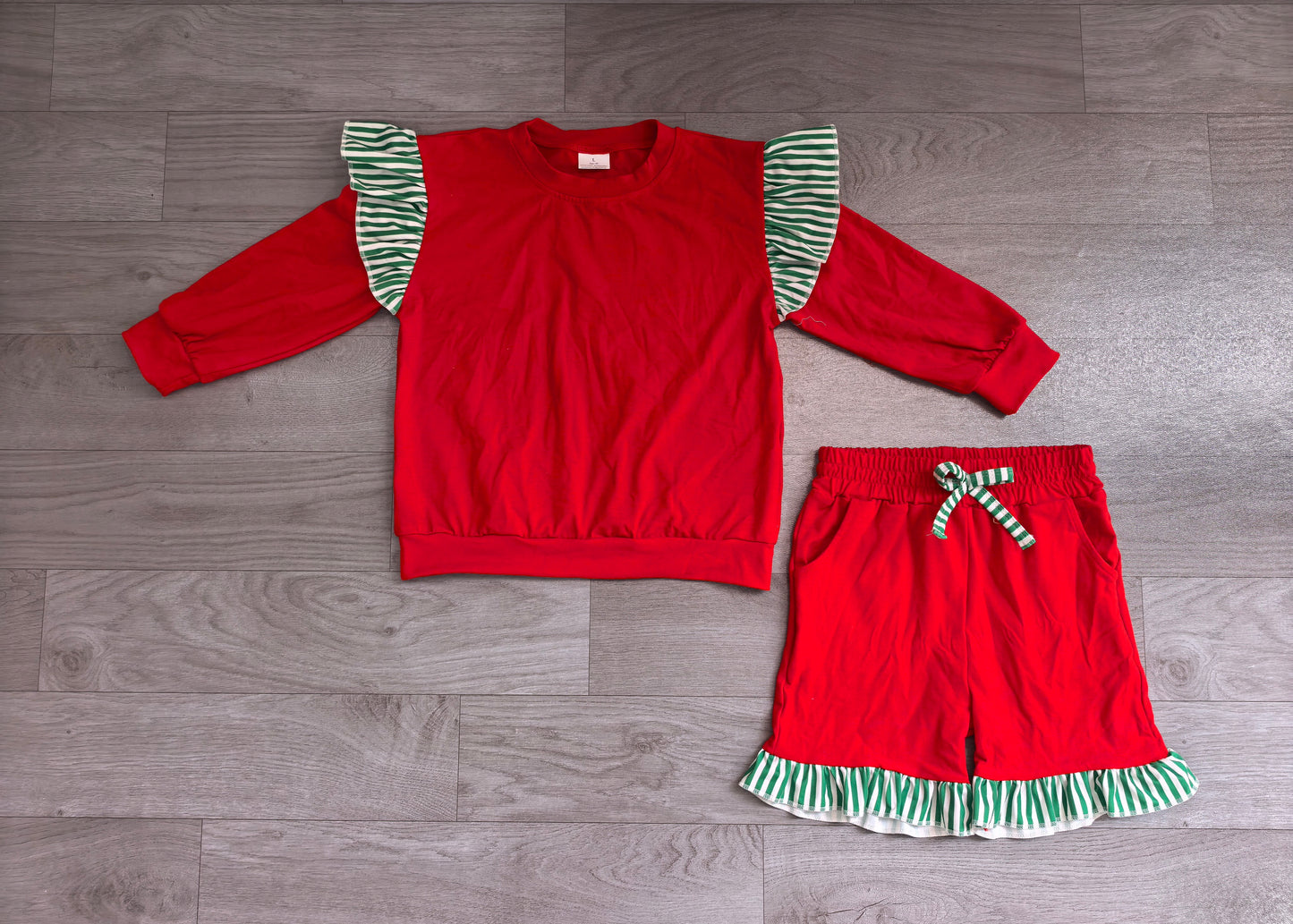 (Sample) No moq milk silk GLS0217（GT1844+SS0997）Baby Girls Stripe Flutter Sleeve Red Top Pockets Ruffle Short Clothes Set
