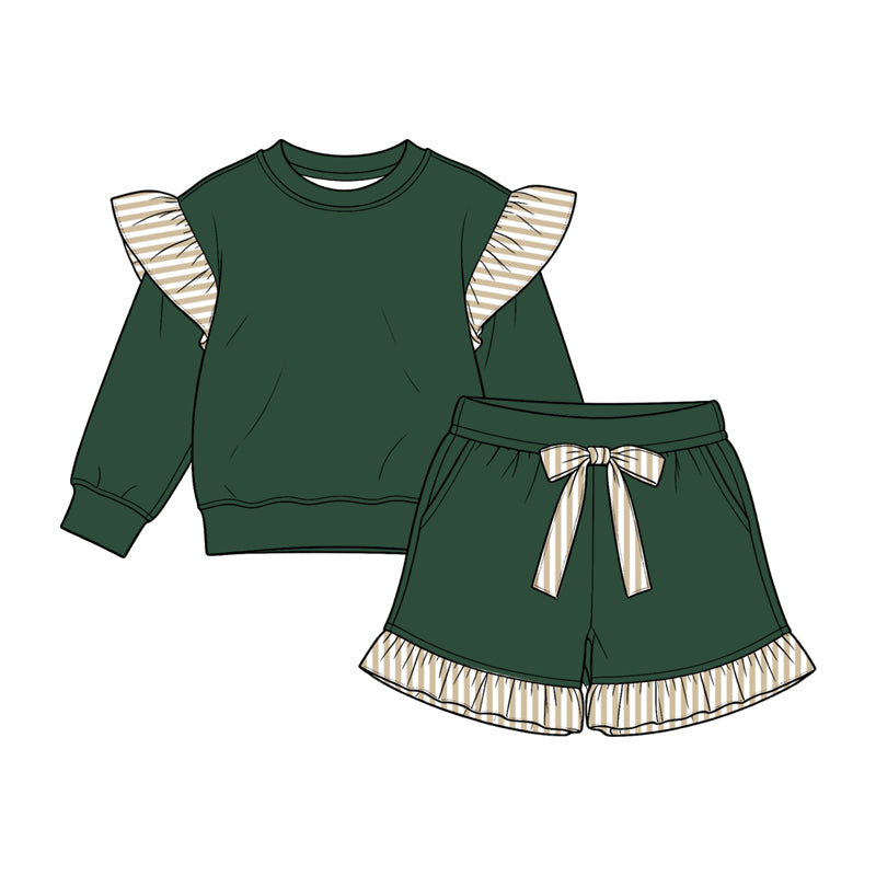 (Preorder new) No moq cotton fabric solid color Baby Girls stripe sweater Flutter sleeves shorts sleeve shorts set