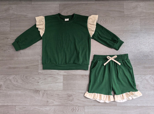 (Sample) No moq milk silk GLS0218（GT1845+SS0998）Baby Girls Green  Stripe Flutter Sleeve Top Pockets Ruffle Short Clothes Set