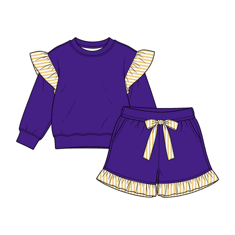 (Preorder new) No moq cotton fabric solid color Baby Girls stripe sweater Flutter sleeves shorts sleeve shorts set