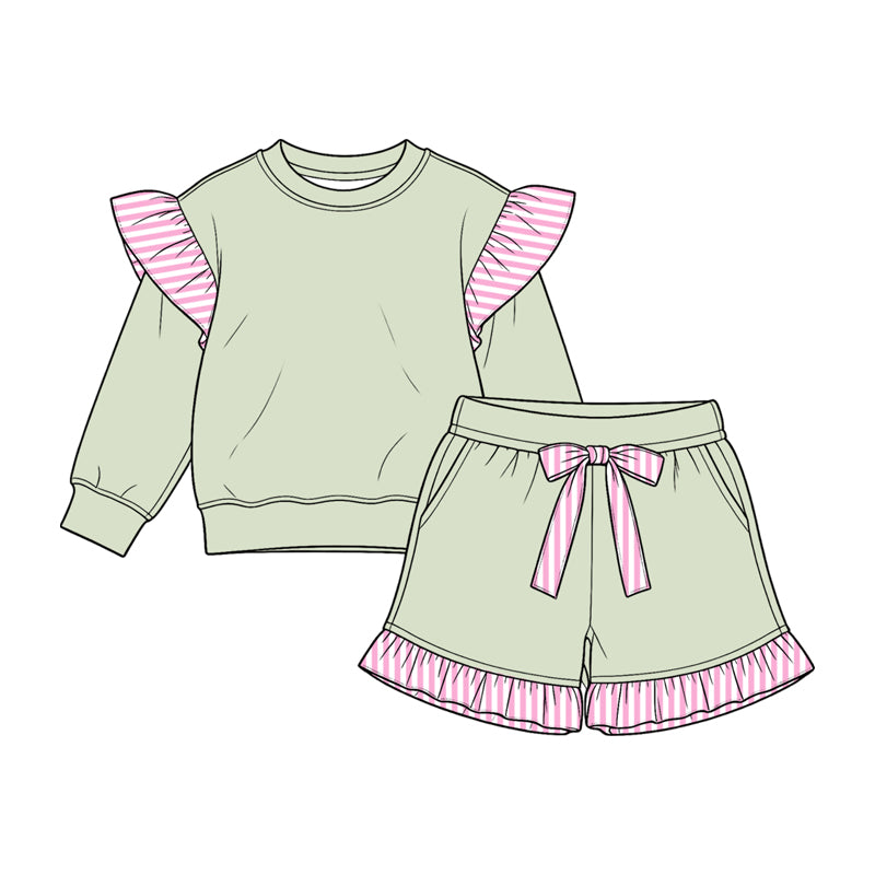 (Preorder new) No moq cotton fabric solid color Baby Girls stripe sweater Flutter sleeves shorts sleeve shorts set