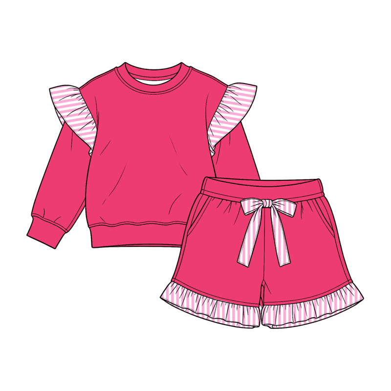 (Preorder new) No moq cotton fabric solid color Baby Girls stripe sweater Flutter sleeves shorts sleeve shorts set
