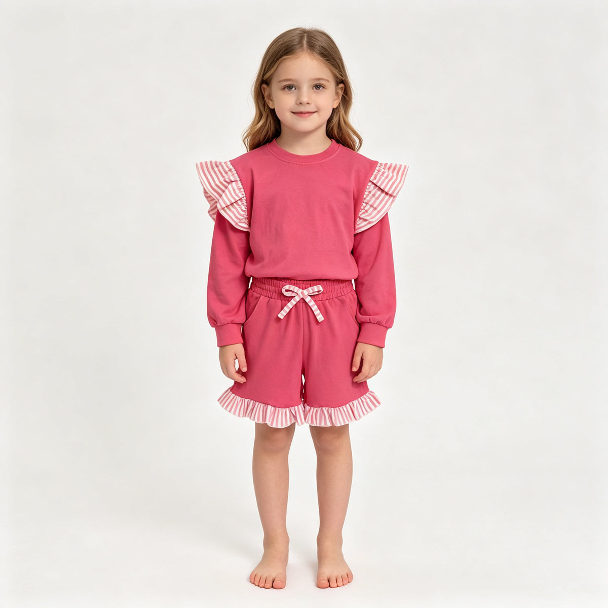 (Sample) No moq milk silk GLS0221（GT1848+SS1001）Baby Girls Watermelon Red Stripe Flutter Sleeve Top Pockets Ruffle Short Clothes Set