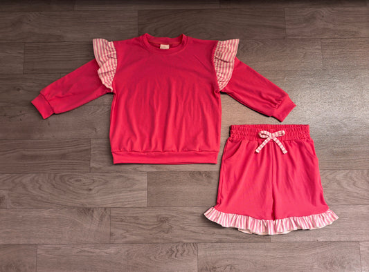 (Sample) No moq milk silk GLS0221（GT1848+SS1001）Baby Girls Watermelon Red Stripe Flutter Sleeve Top Pockets Ruffle Short Clothes Set