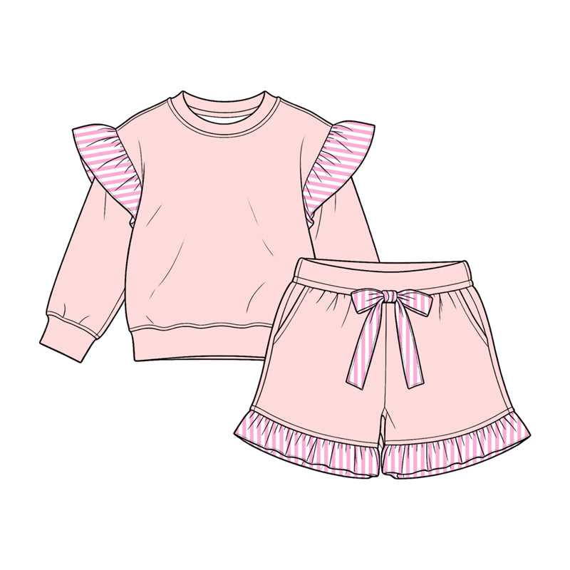 (Preorder new) No moq cotton fabric solid color Baby Girls stripe sweater Flutter sleeves shorts sleeve shorts set