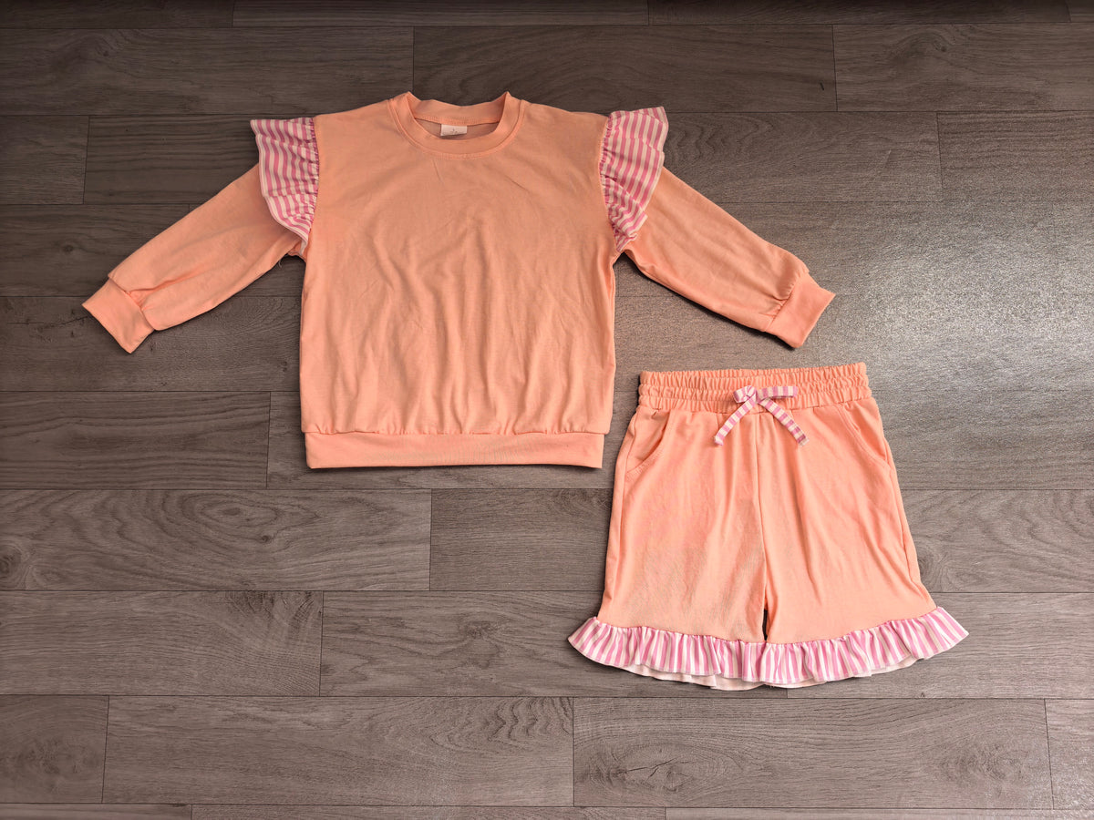 (Sample) No moq milk silk GLS0222（GT1849+SS0996）Baby Girls Light Pink Stripe Flutter Sleeve Top Pockets Ruffle Short Clothes Set