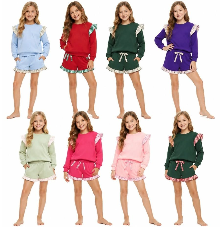 (Preorder new) No moq cotton fabric solid color Baby Girls stripe sweater Flutter sleeves shorts sleeve shorts set
