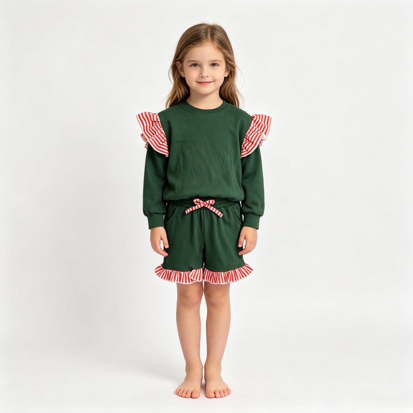 (Sample) No moq milk silk GLS0223（GT1850+SS1002）Baby Girls Green Red Stripe Flutter Sleeve Top Pockets Ruffle Short Clothes Set