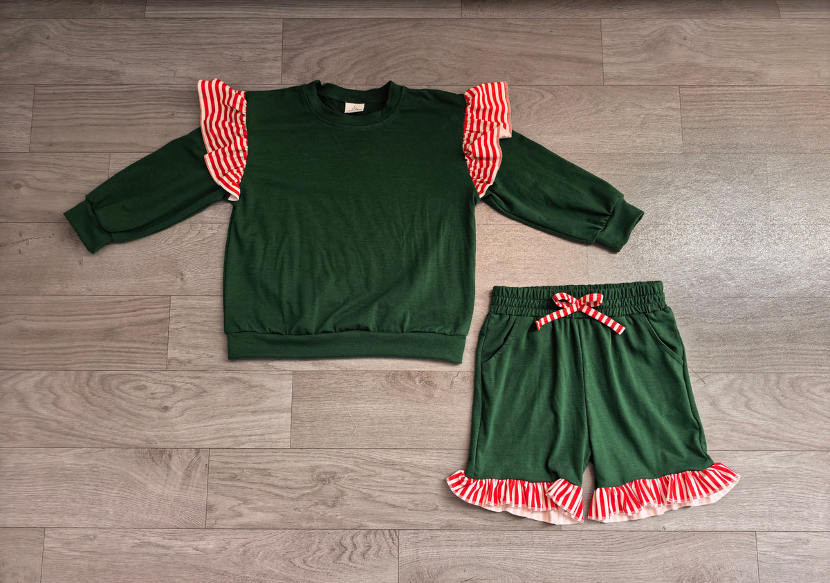 (Sample) No moq milk silk GLS0223（GT1850+SS1002）Baby Girls Green Red Stripe Flutter Sleeve Top Pockets Ruffle Short Clothes Set