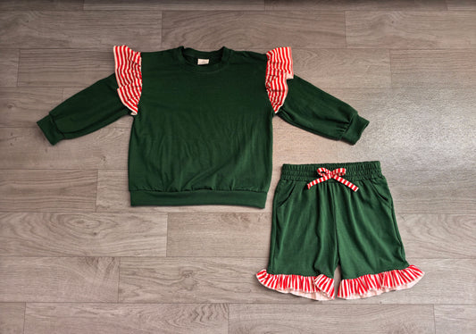 (Sample) No moq milk silk GLS0223（GT1850+SS1002）Baby Girls Green Red Stripe Flutter Sleeve Top Pockets Ruffle Short Clothes Set