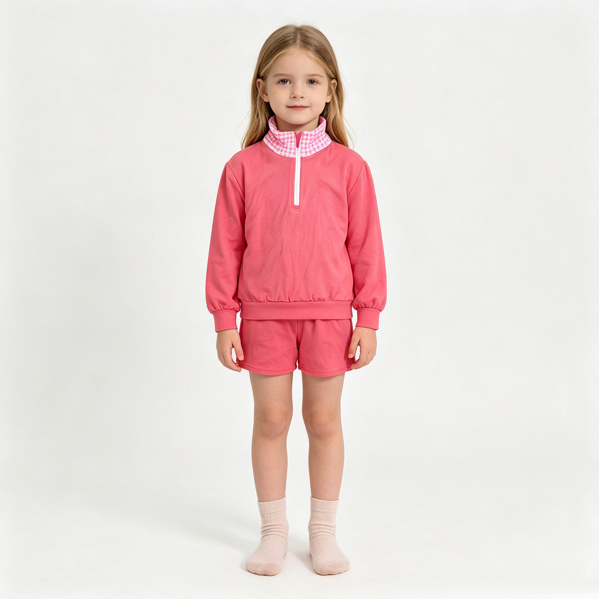 (Sample) No moq cotton GLS0225 Baby Girls Pink Long Sleeve Zip Front Pullover Side Pockets Short Clothes Set